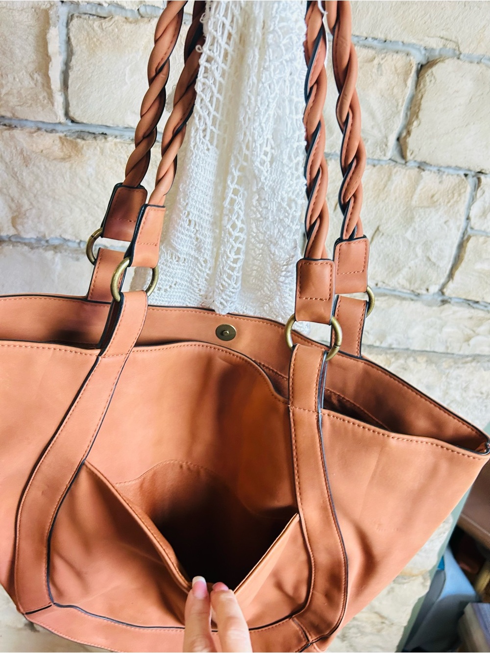 Women's Tan Leather Tote Bag with Braided Straps